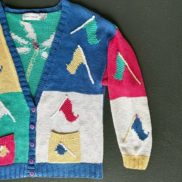 ROBERT SCOTT LTD Hand Knit Ramie Blend Colorblock V-Neck Tropical Golf Cardigan - Picture 4 of 14